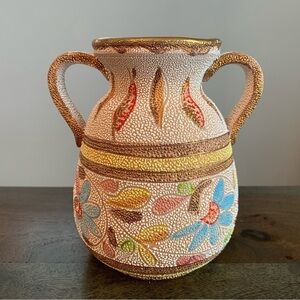 Italian Vase Double Handles Textured Flowers Handpainted Signed Italy 7/7005 Vtg
